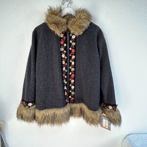 Tasha Polizzi Squaw Valley Faux Fur Trim Jacket Black Embroidered Large USA New